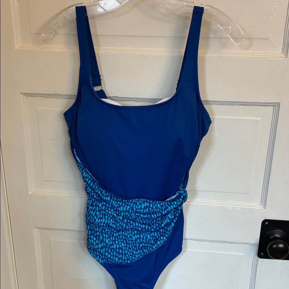 252 Roxanne Blue One-Piece Swimsuit with Teal Print Waist Panel Size 16 40 DD